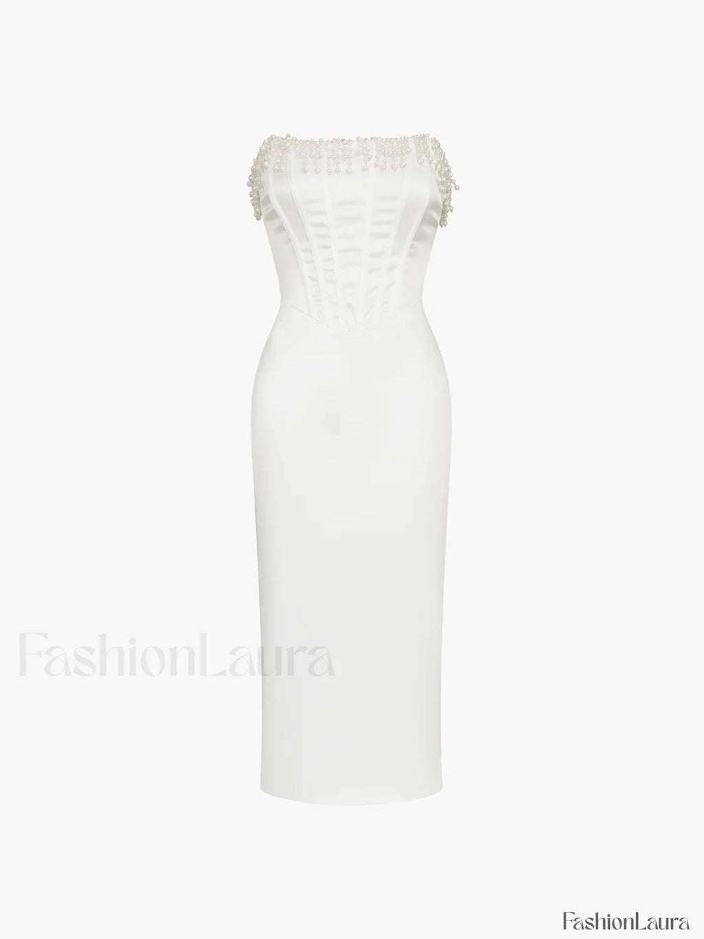 Pearl Decor Graceful Strapless Midi Dress Dresses