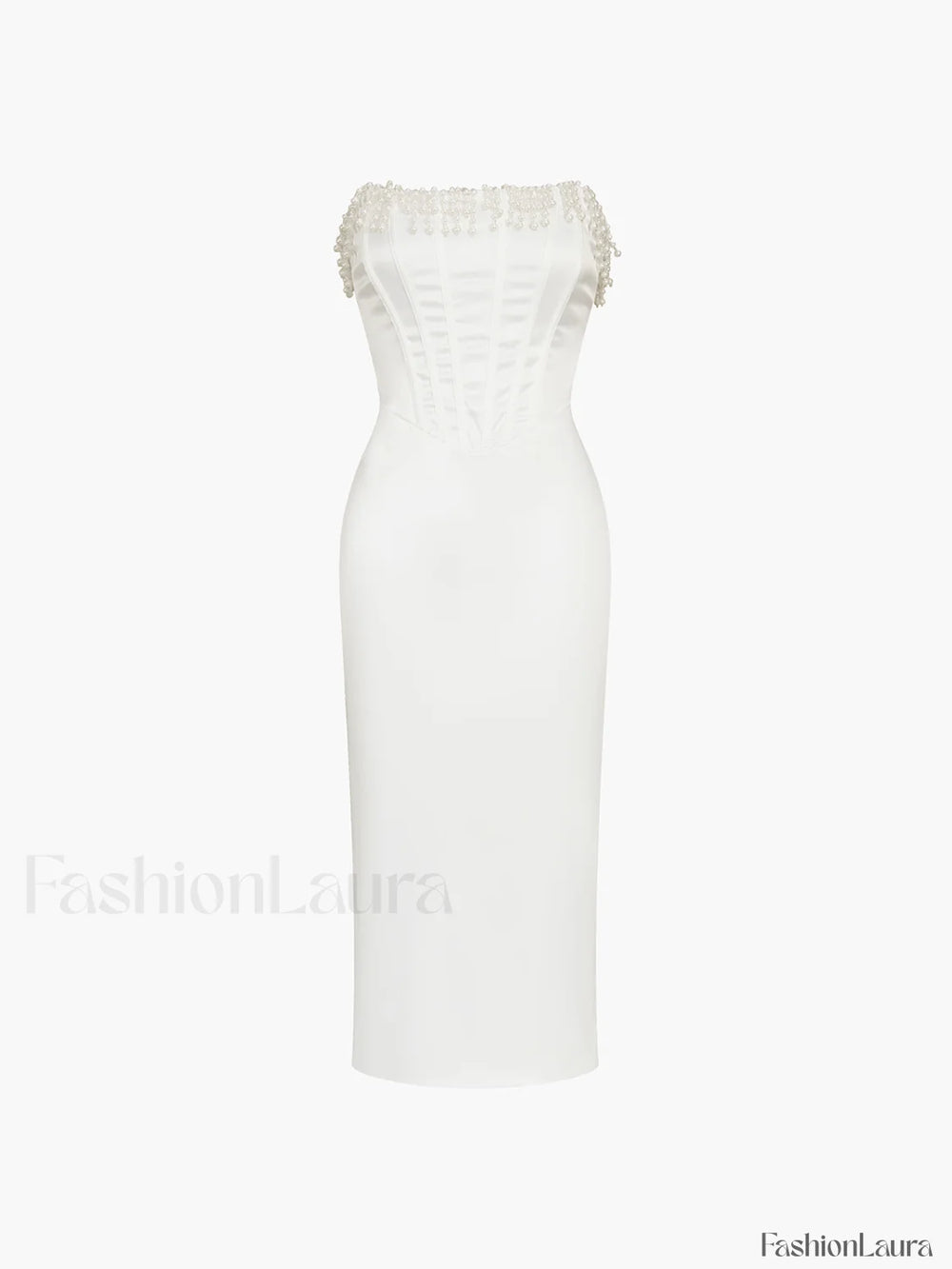 Pearl Decor Graceful Strapless Midi Dress Dresses