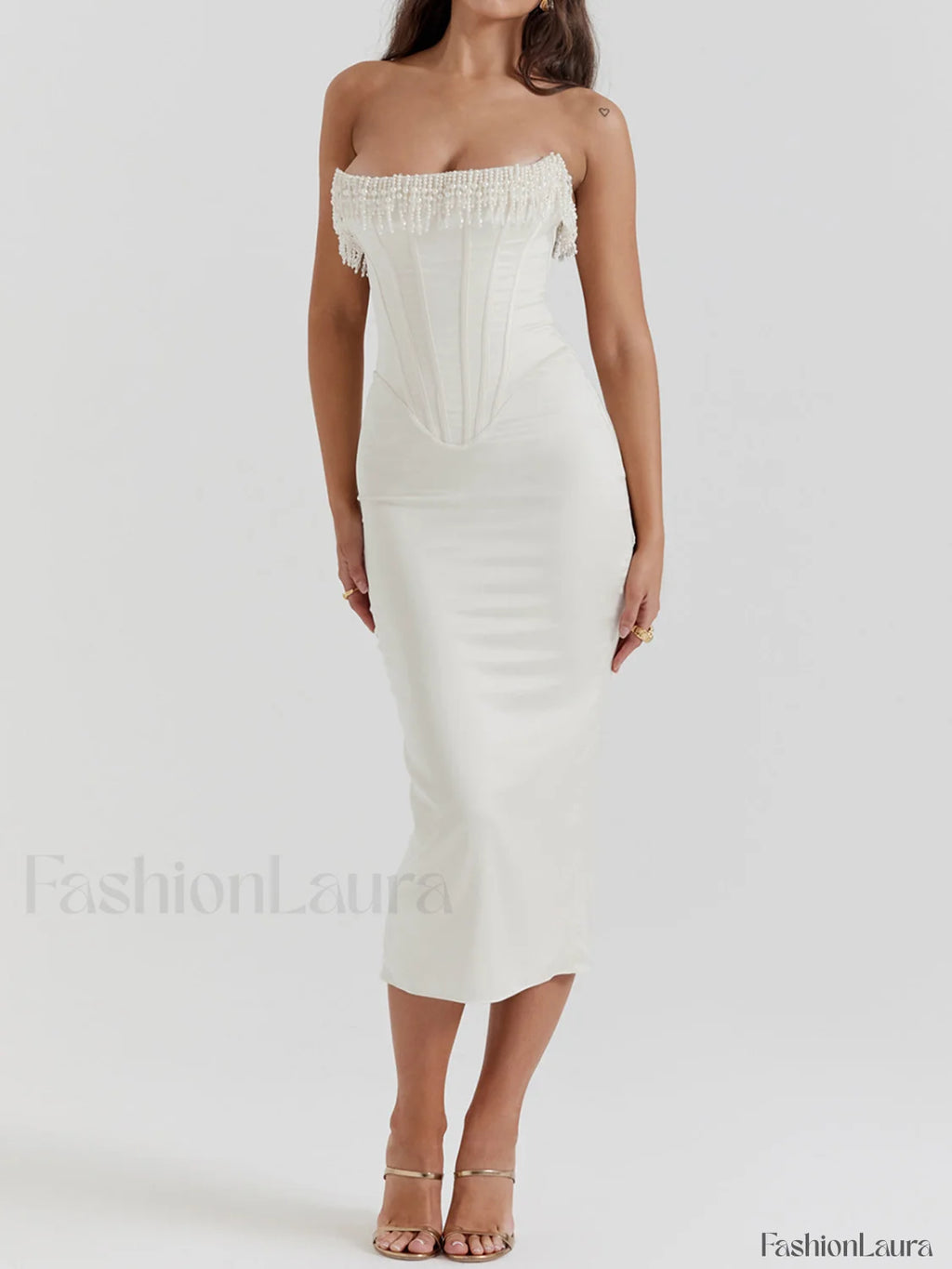 Pearl Decor Graceful Strapless Midi Dress Dresses