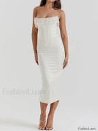 Pearl Decor Graceful Strapless Midi Dress Dresses