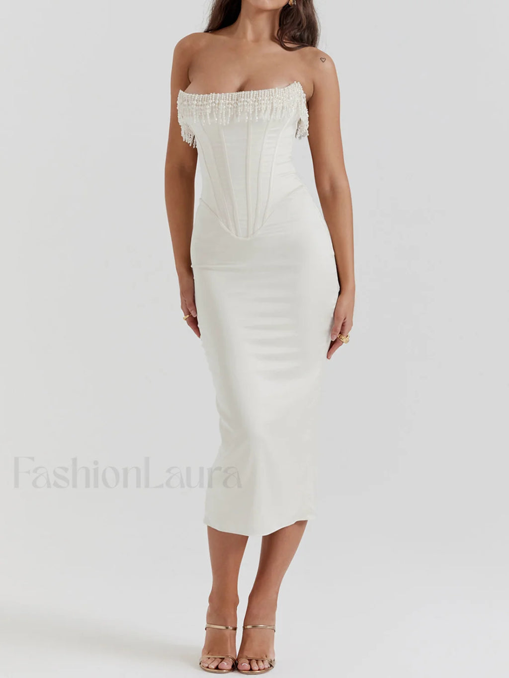 Pearl Decor Graceful Strapless Midi Dress Dresses
