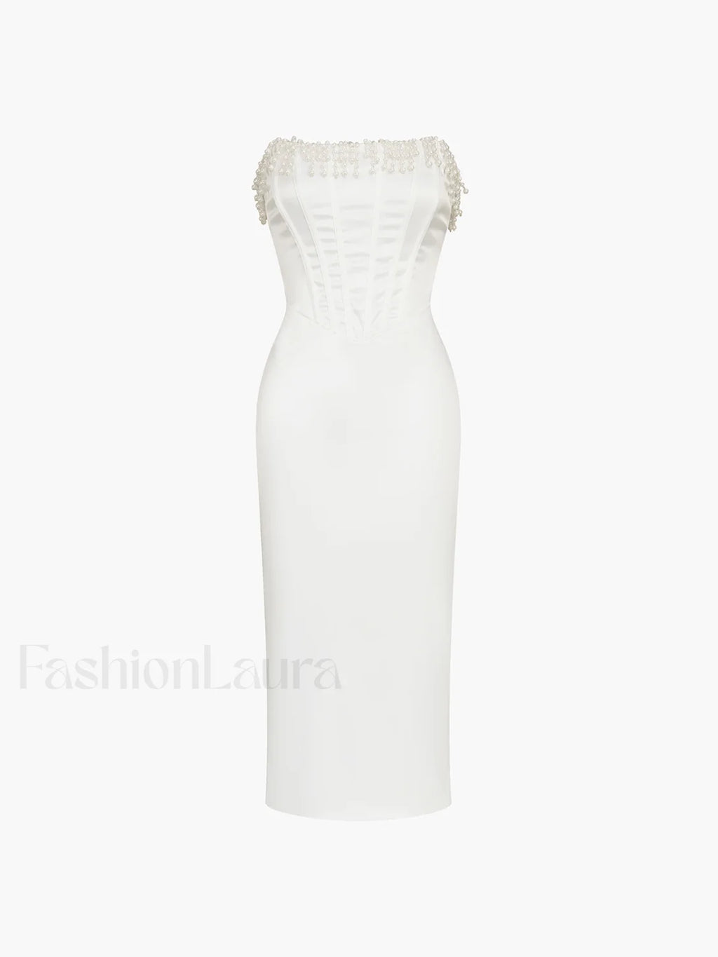 Pearl Decor Graceful Strapless Midi Dress Dresses