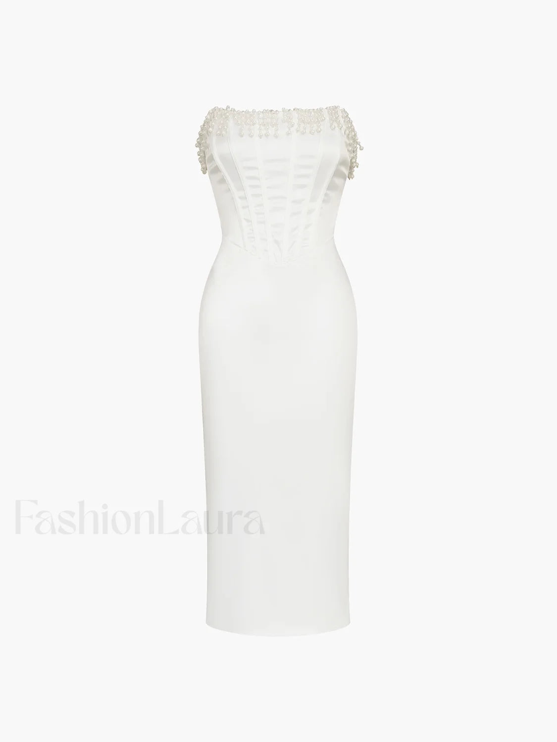 Pearl Decor Graceful Strapless Midi Dress Dresses