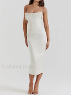 Pearl Decor Graceful Strapless Midi Dress Dresses