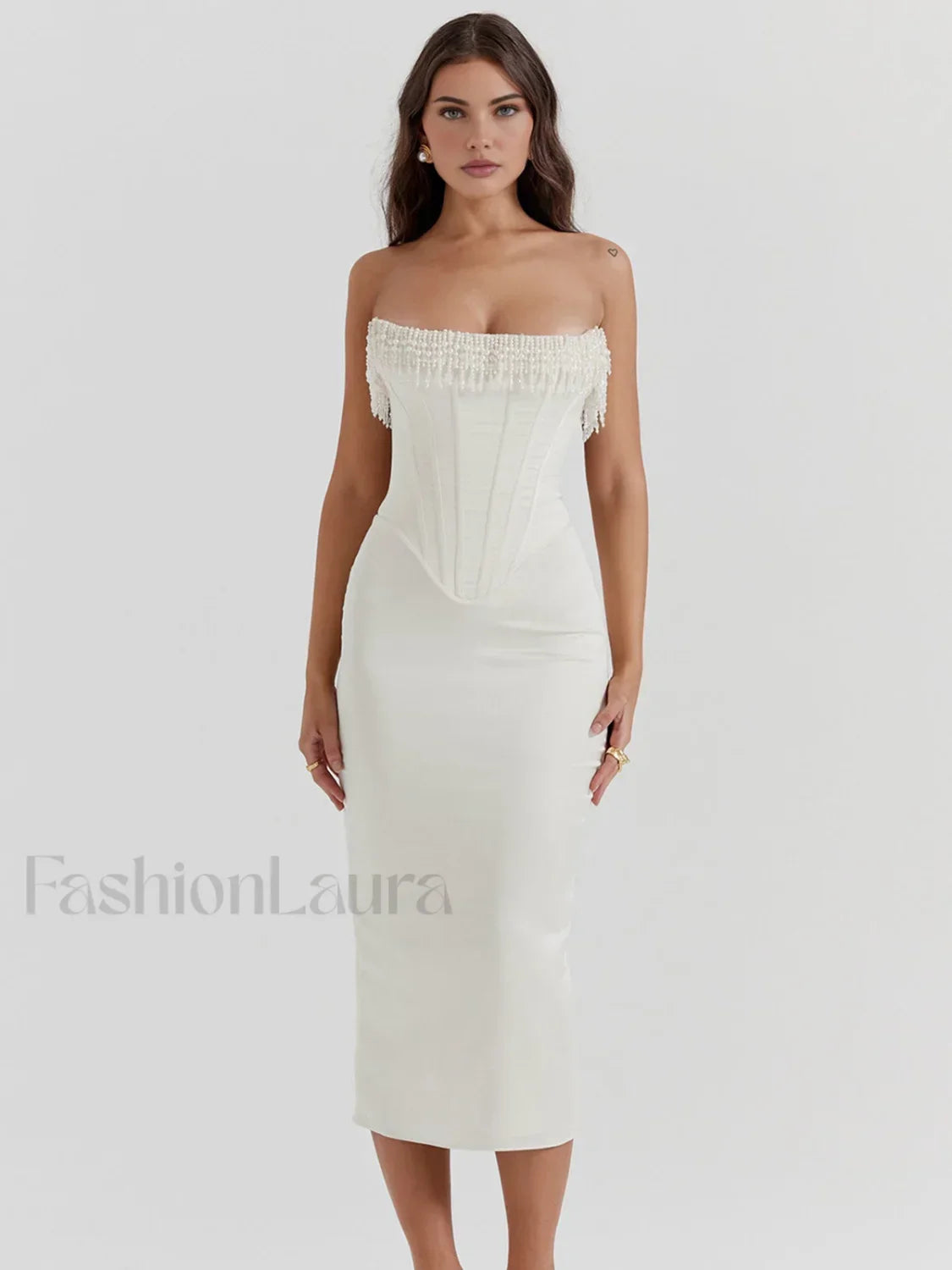 Pearl Decor Graceful Strapless Midi Dress Off White / XS Dresses Main image