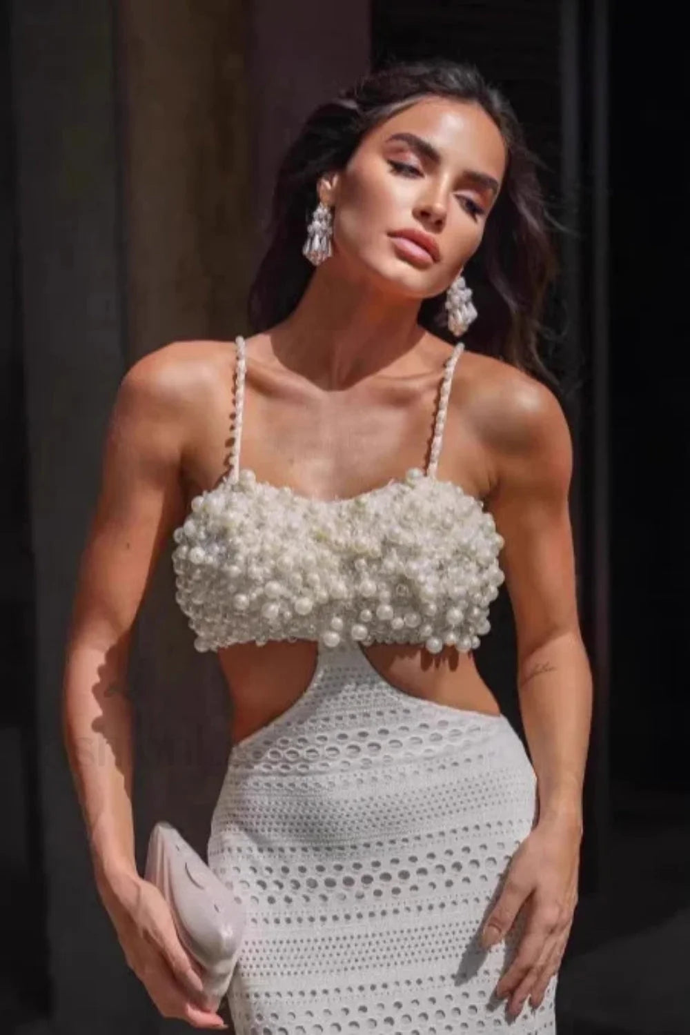Pearl Embellished Hollow Chest Strappy Maxi Dress Main image