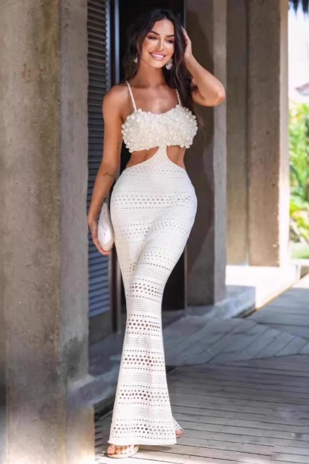 Pearl Embellished Hollow Chest Strappy Maxi Dress Secondary image