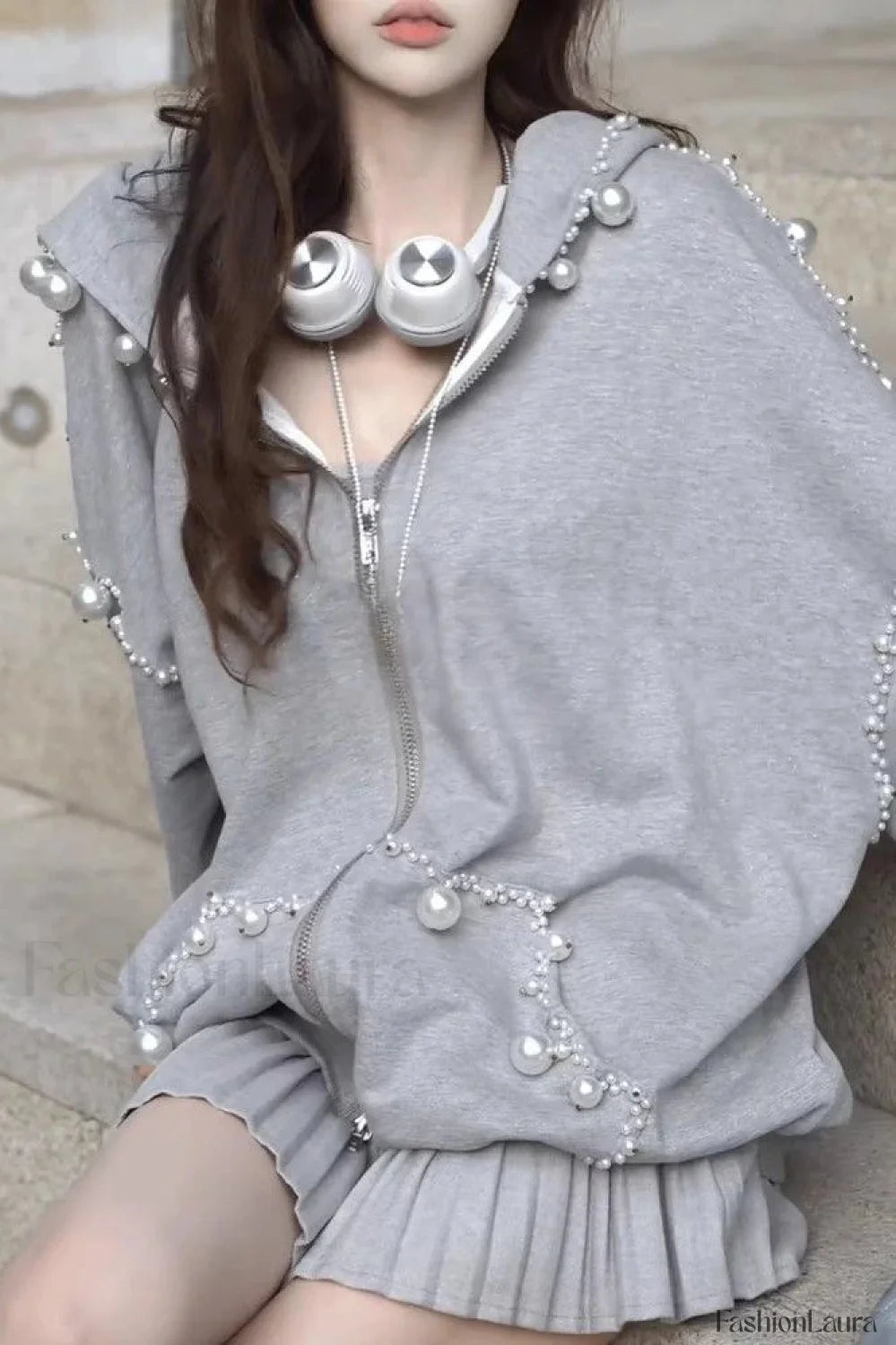 Pearl Embellished Hooded Zipper Hoodie