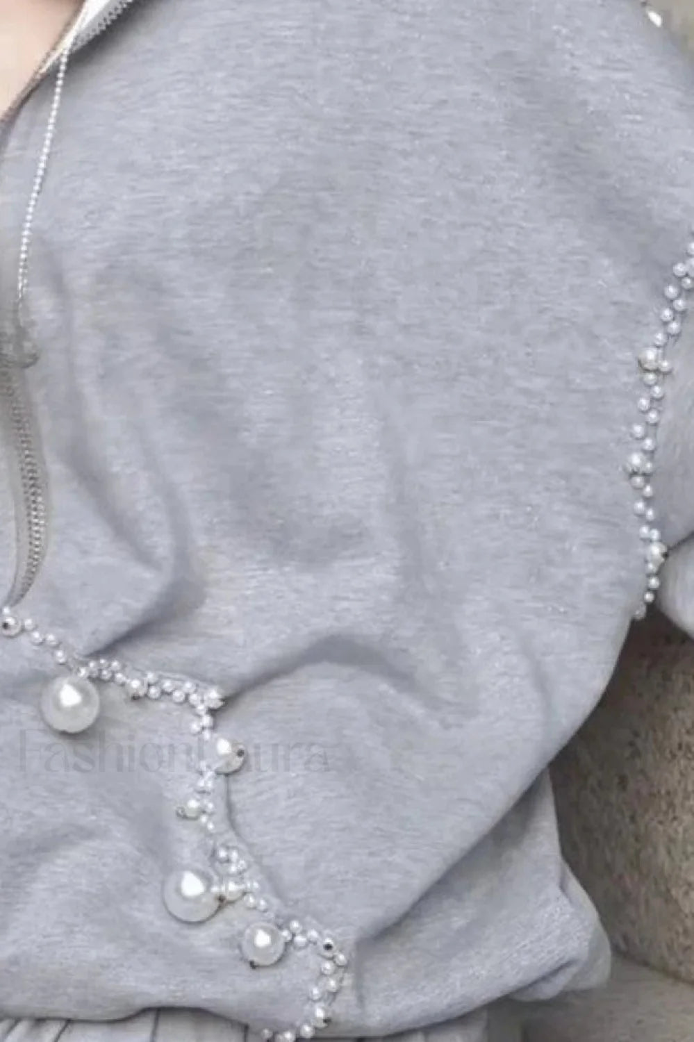 Pearl Embellished Hooded Zipper Hoodie