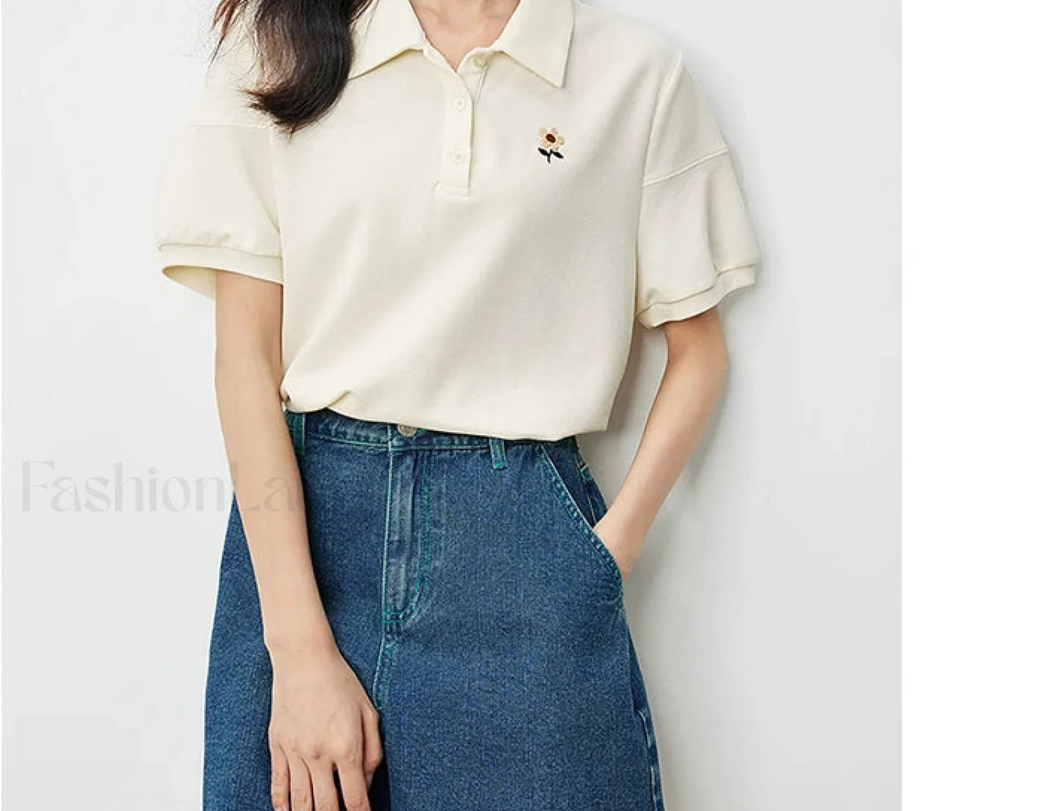 Pearl Flower Embroidery Casual T Shirt Light Yellow / S Main image