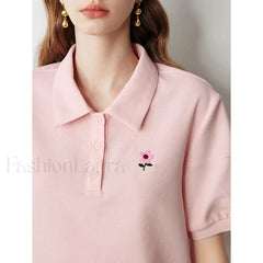 Pearl Flower Embroidery Casual T Shirt Pink / S