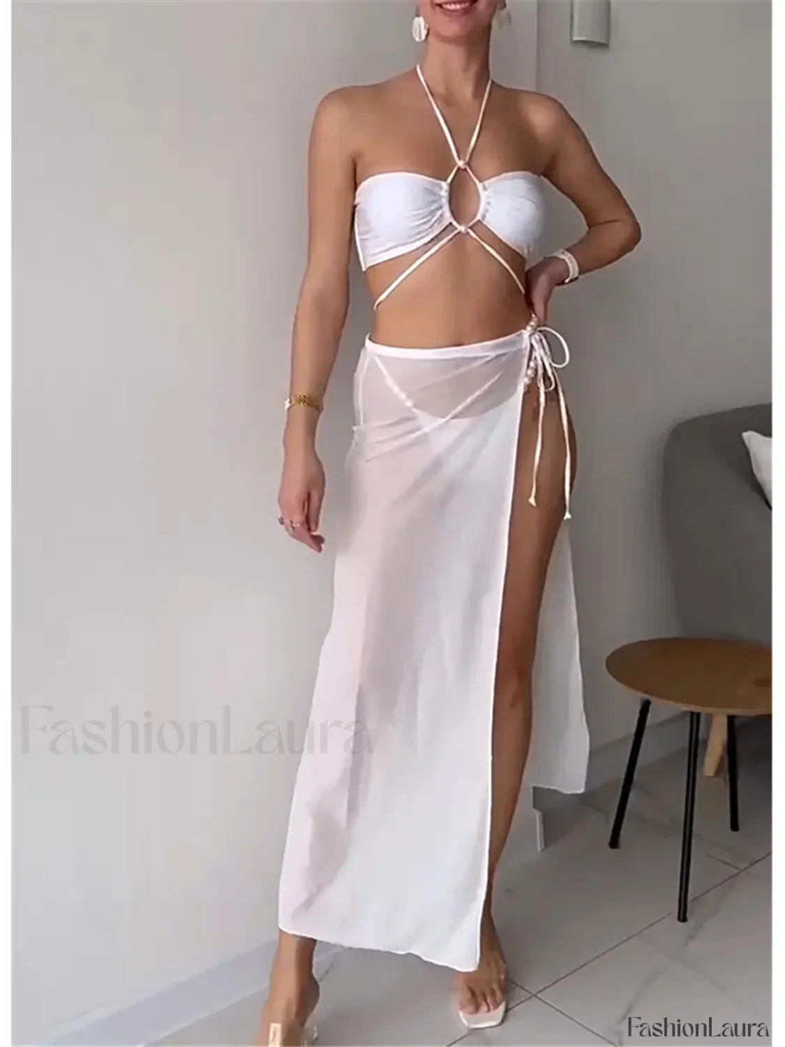 Pearl Mesh Luxury Bikini Three Piece Set Shiny White / S