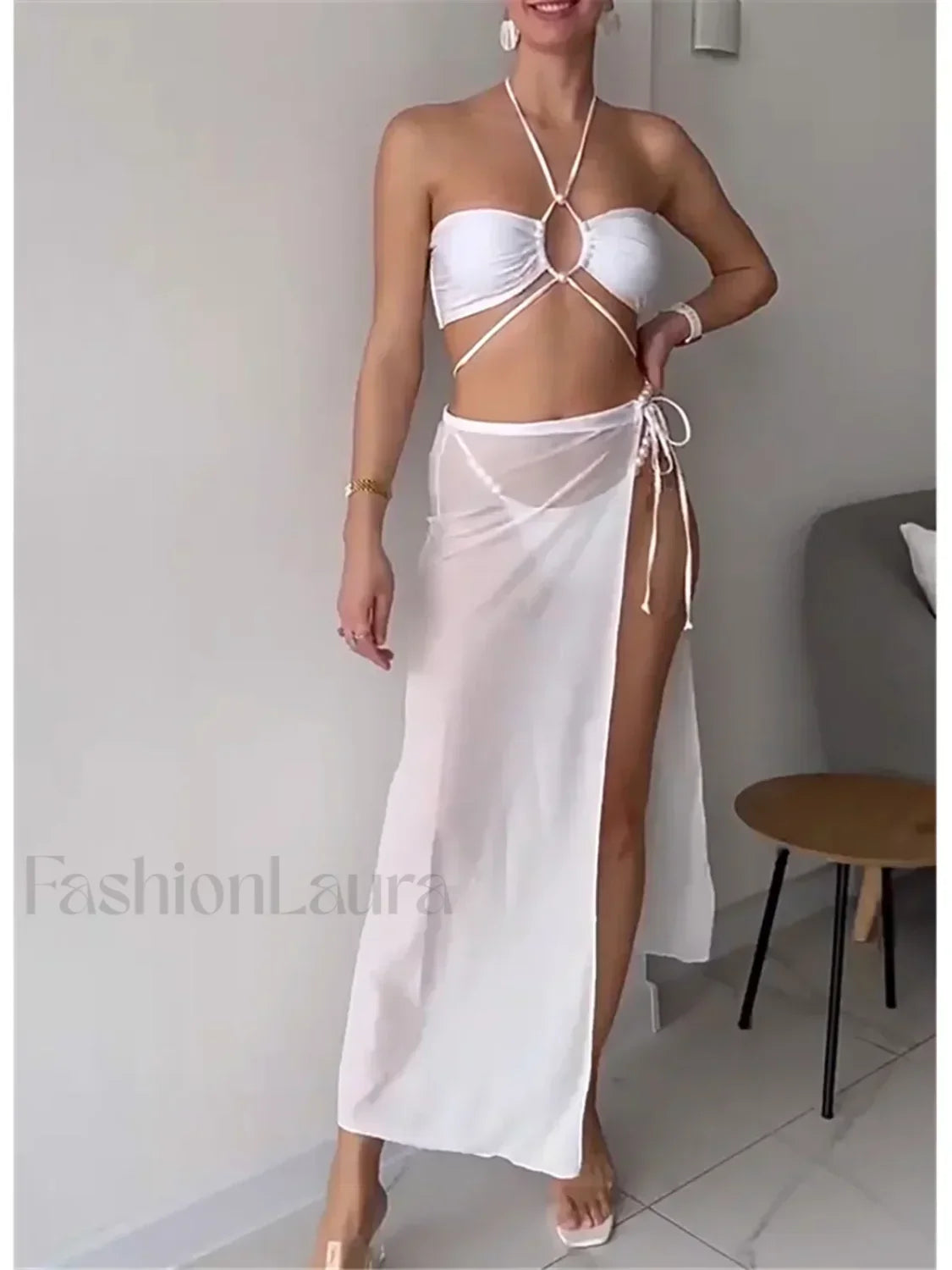 Pearl Mesh Luxury Bikini Three Piece Set Shiny White / S
