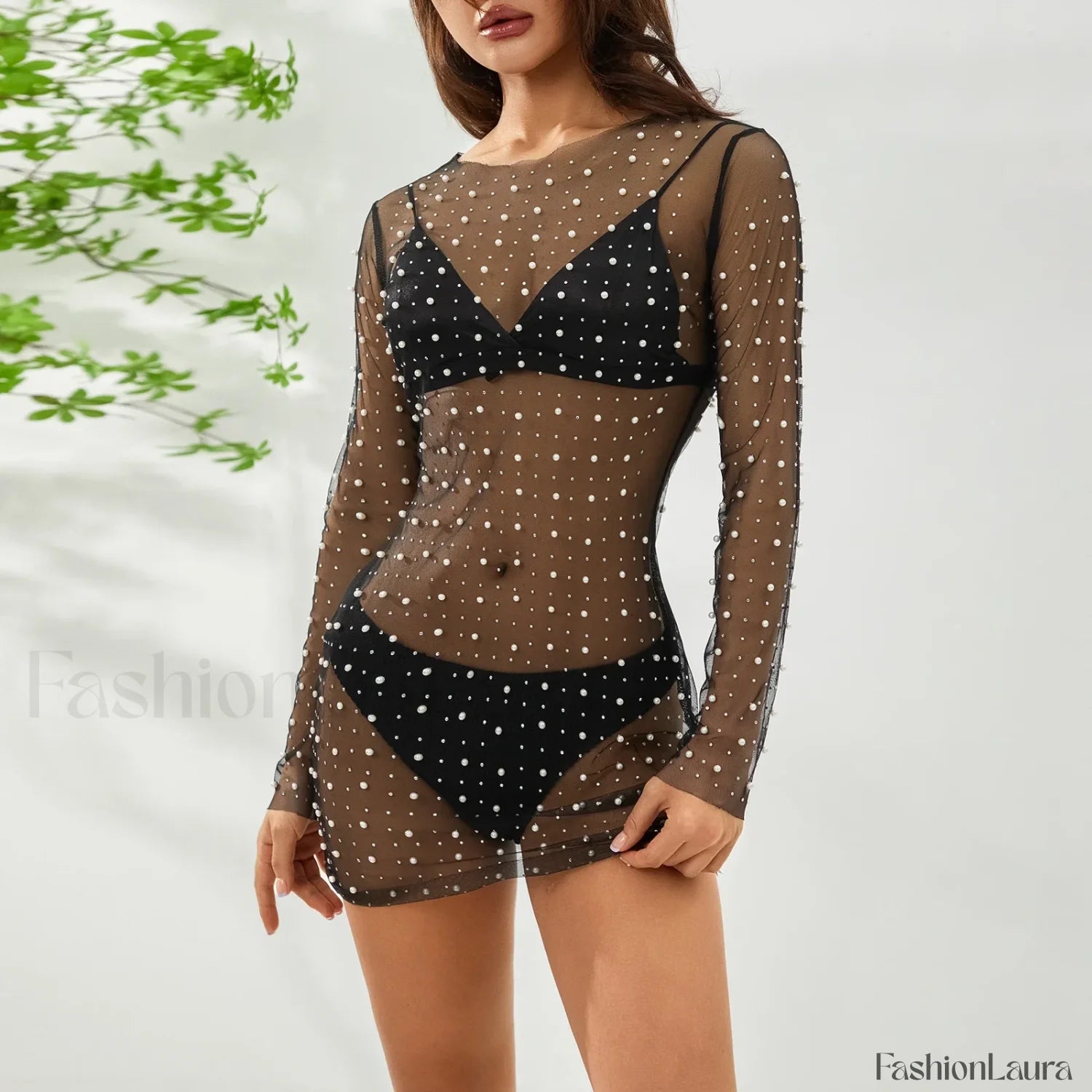 Pearl Sheer Party Dress Cover Up Black / S