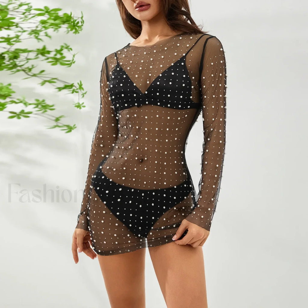 Pearl Sheer Party Dress Cover Up Black / S