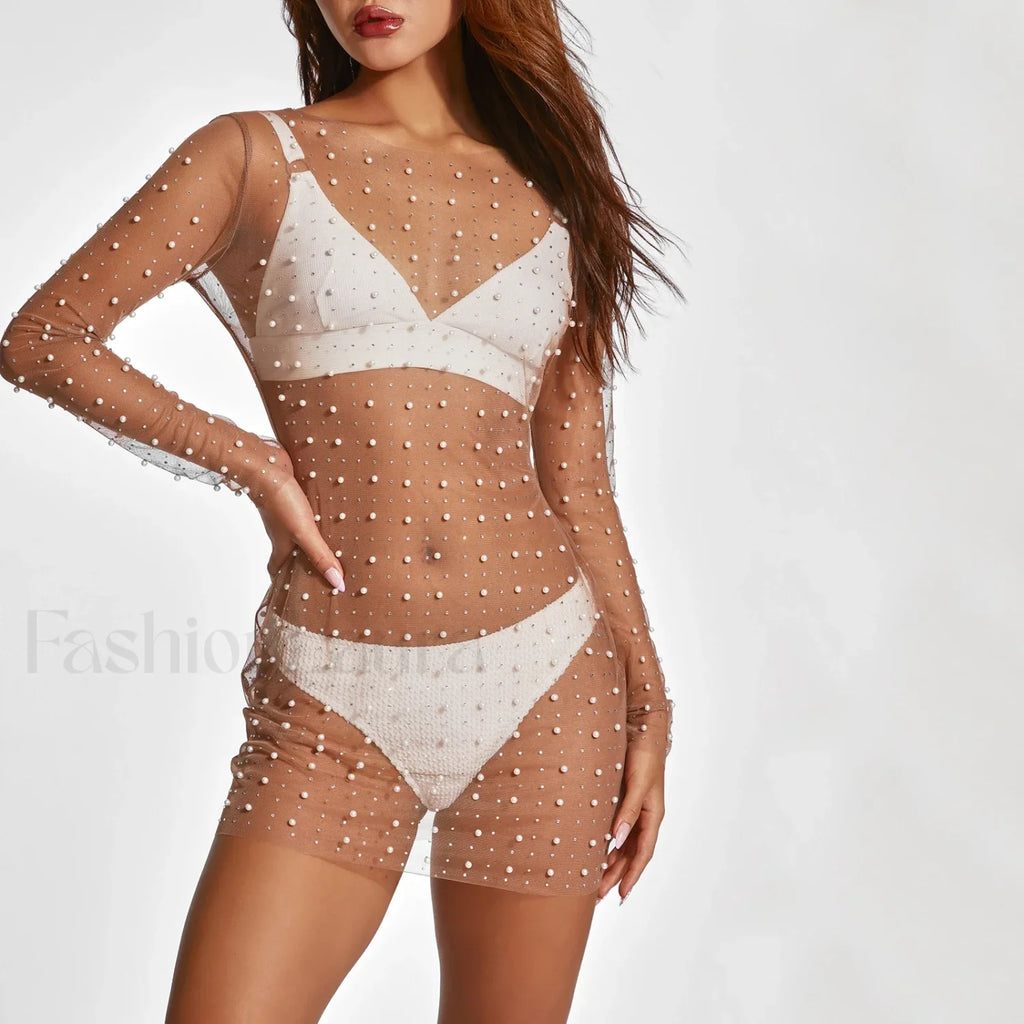 Pearl Sheer Party Dress Cover Up WHITE / S