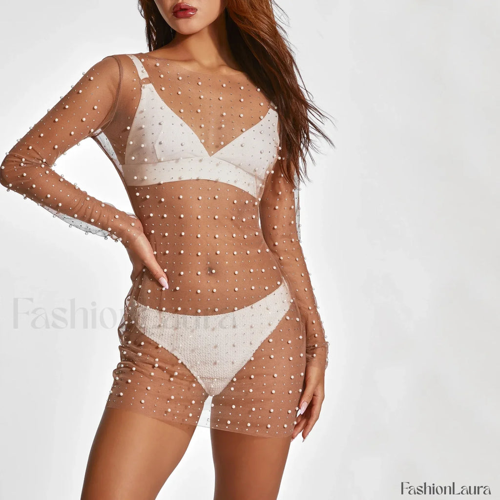 Pearl Sheer Party Dress Cover Up WHITE / S