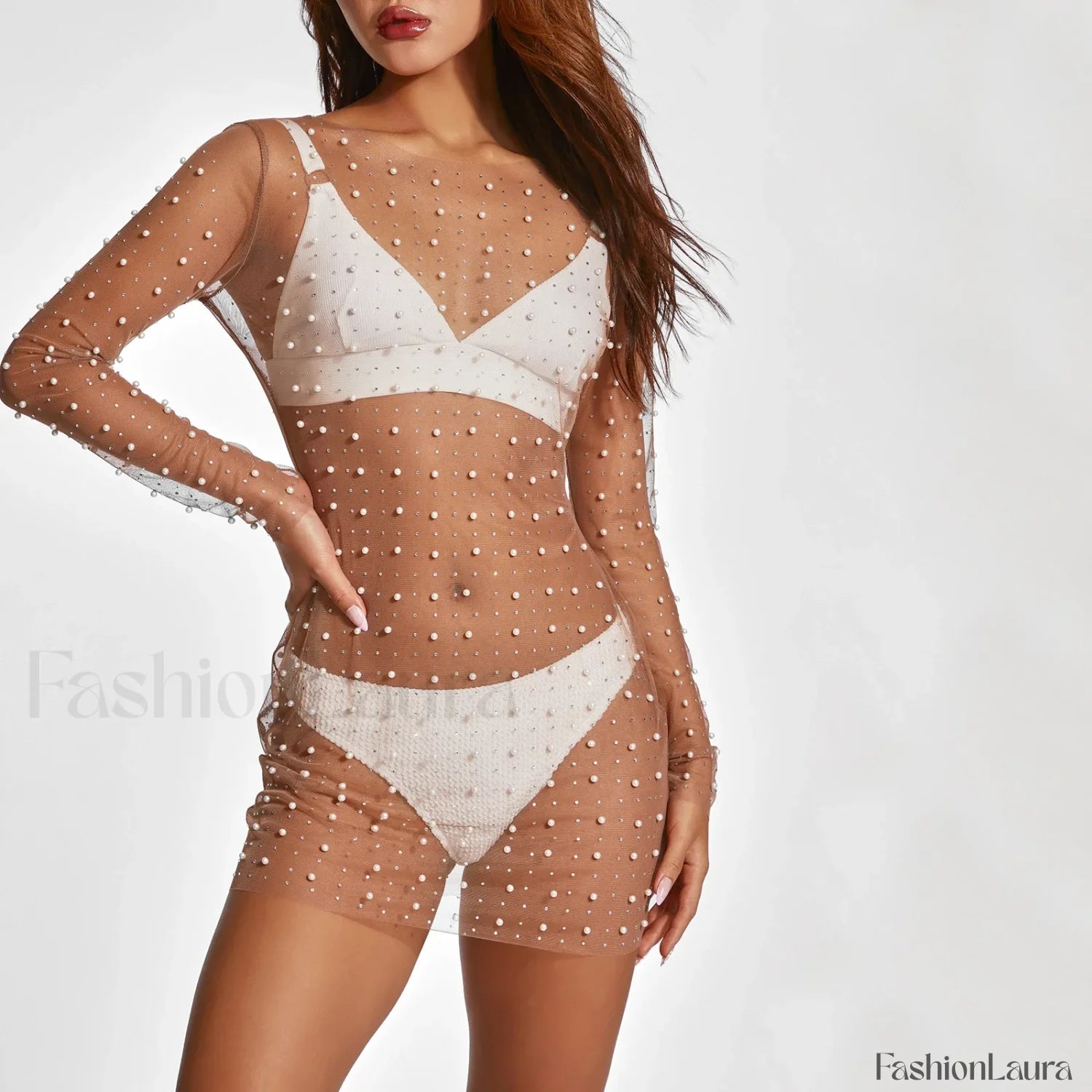 Pearl Sheer Party Dress Cover Up WHITE / S