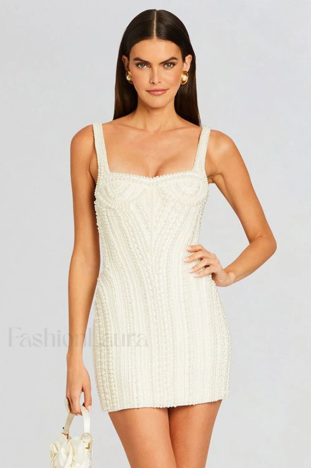 Pearl Studded Stylish White Mini Dress Secondary image