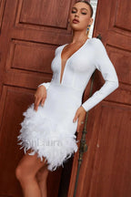 Peridot Long Sleeve Charming Feather Bandage Dress