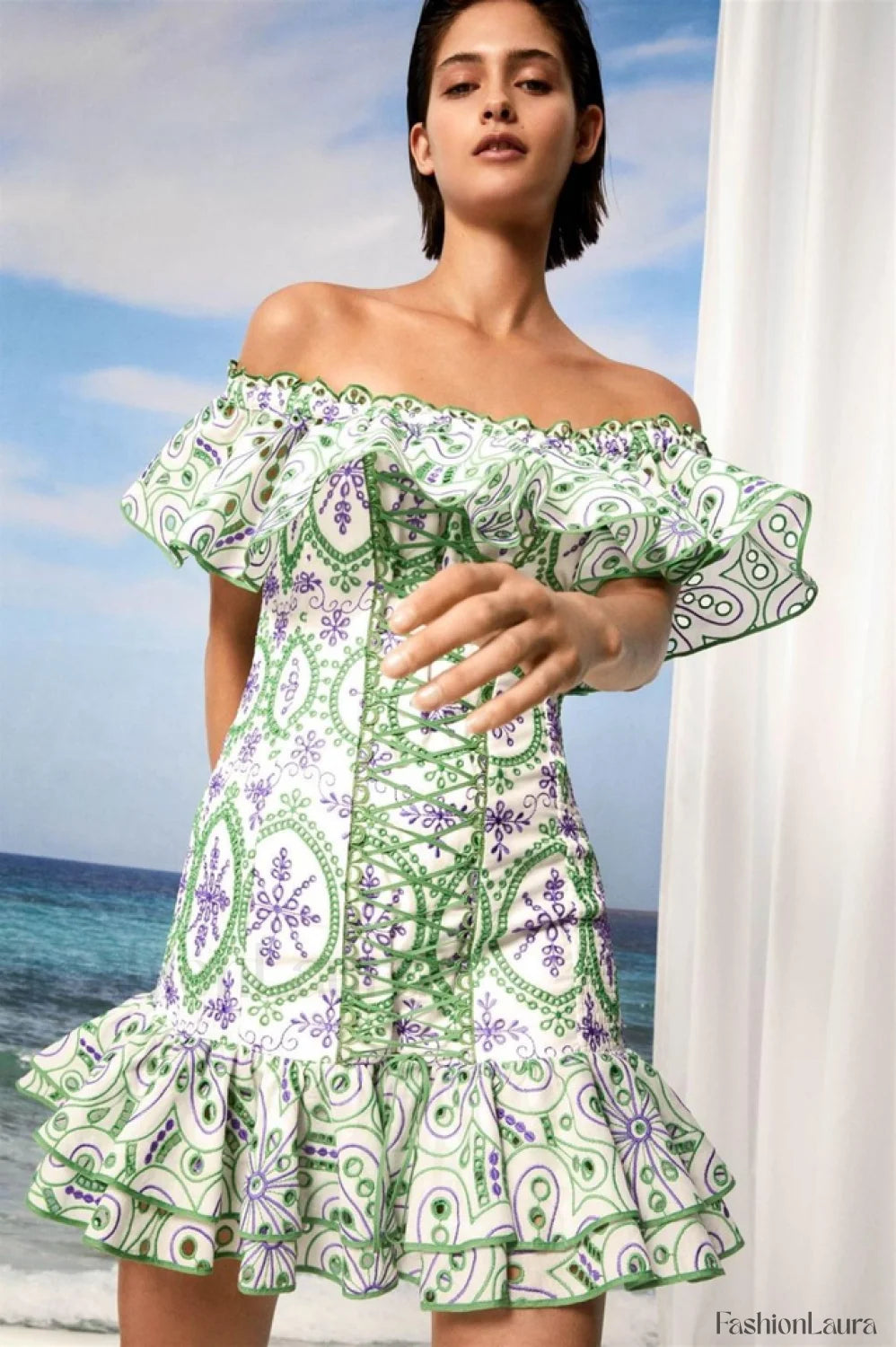 Pia Elegant Short Dress S / Lilac/Green