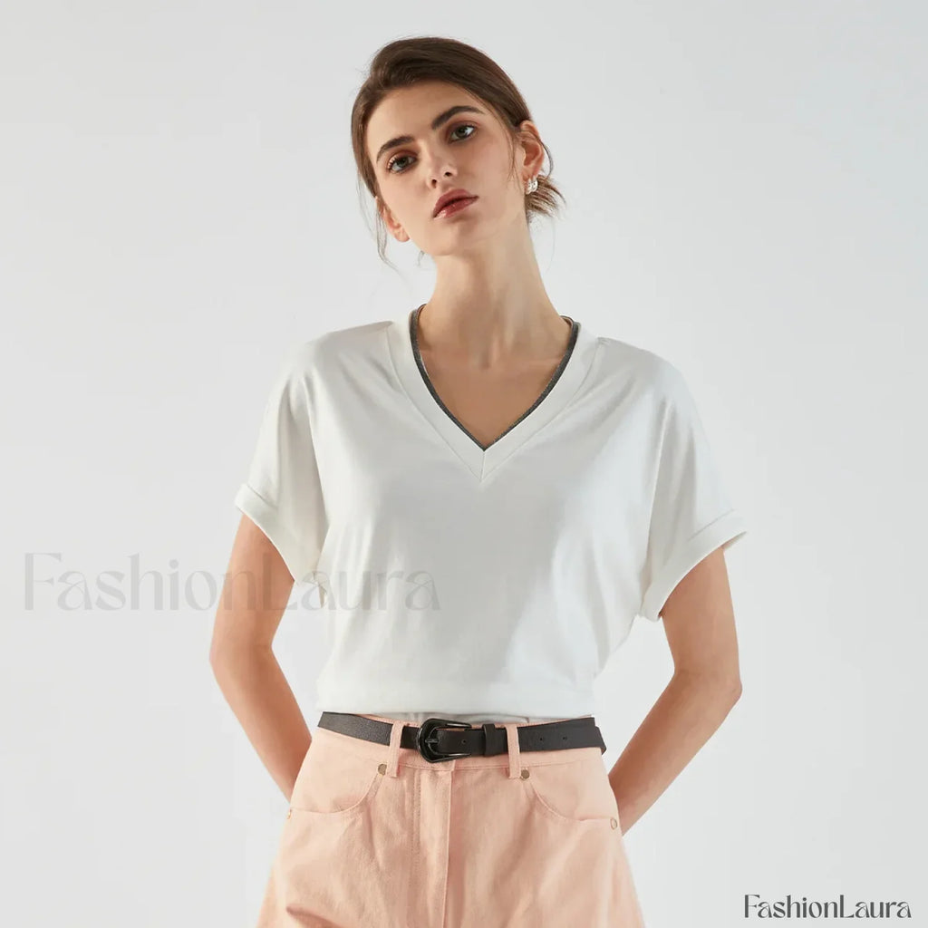Pima Cotton V Neck Casual T Shirt Rice white / S