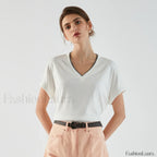 Pima Cotton V Neck Casual T Shirt Rice white / S