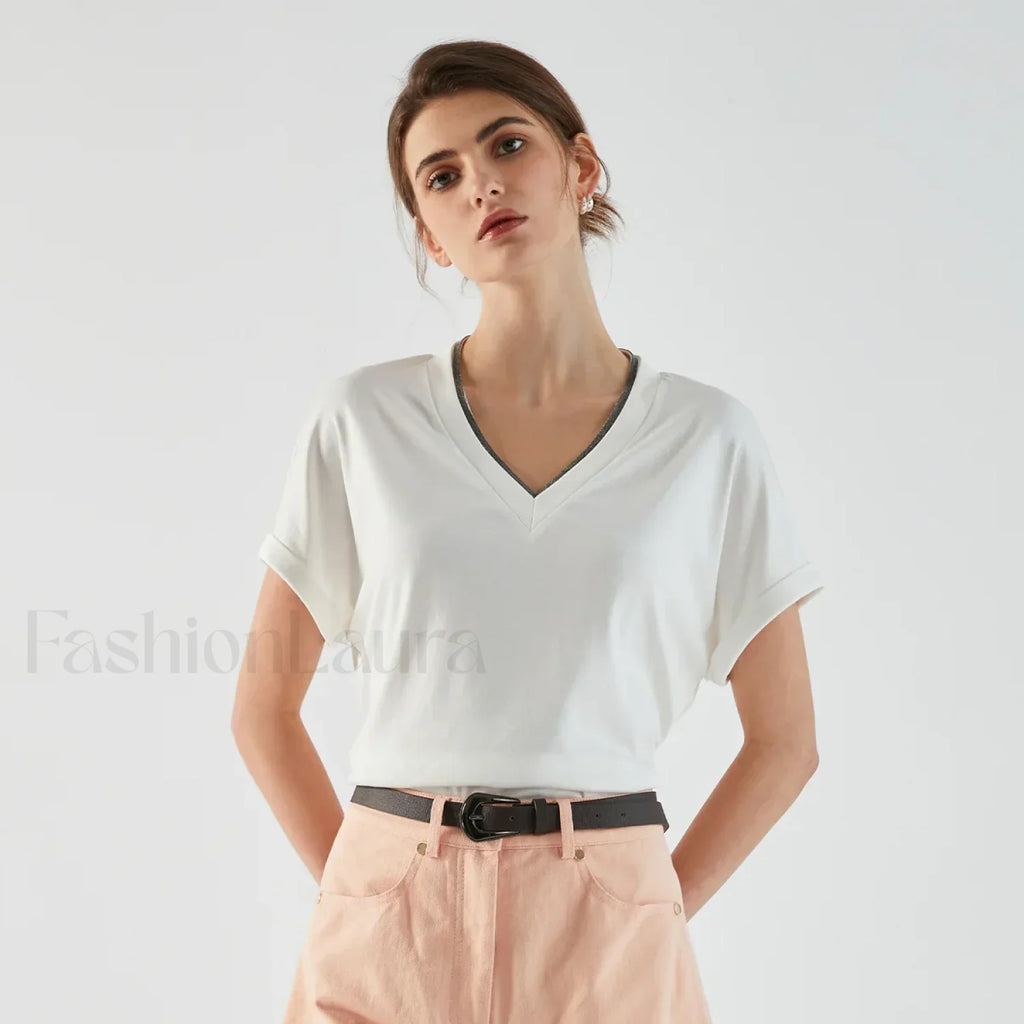 Pima Cotton V Neck Casual T Shirt Rice white / S