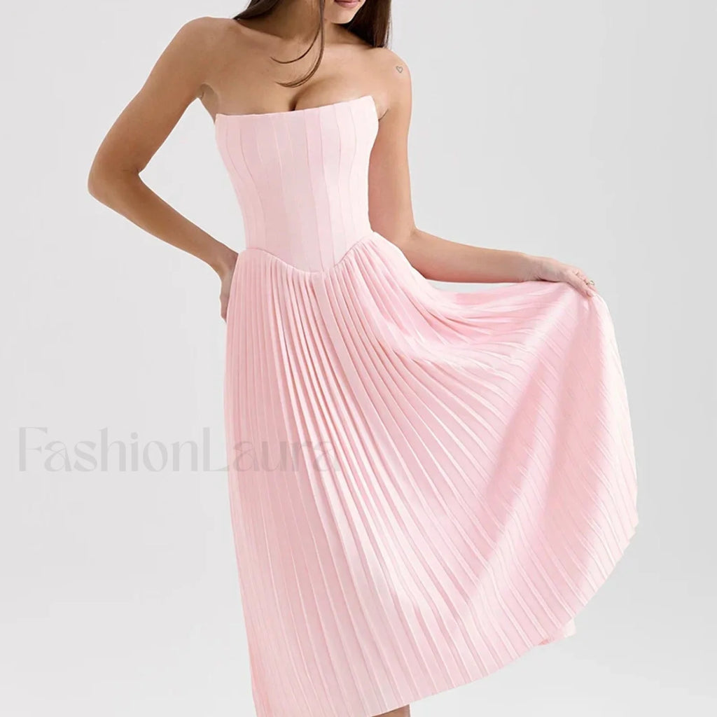 Pink Bow Lace Midi Dress Pink / XS