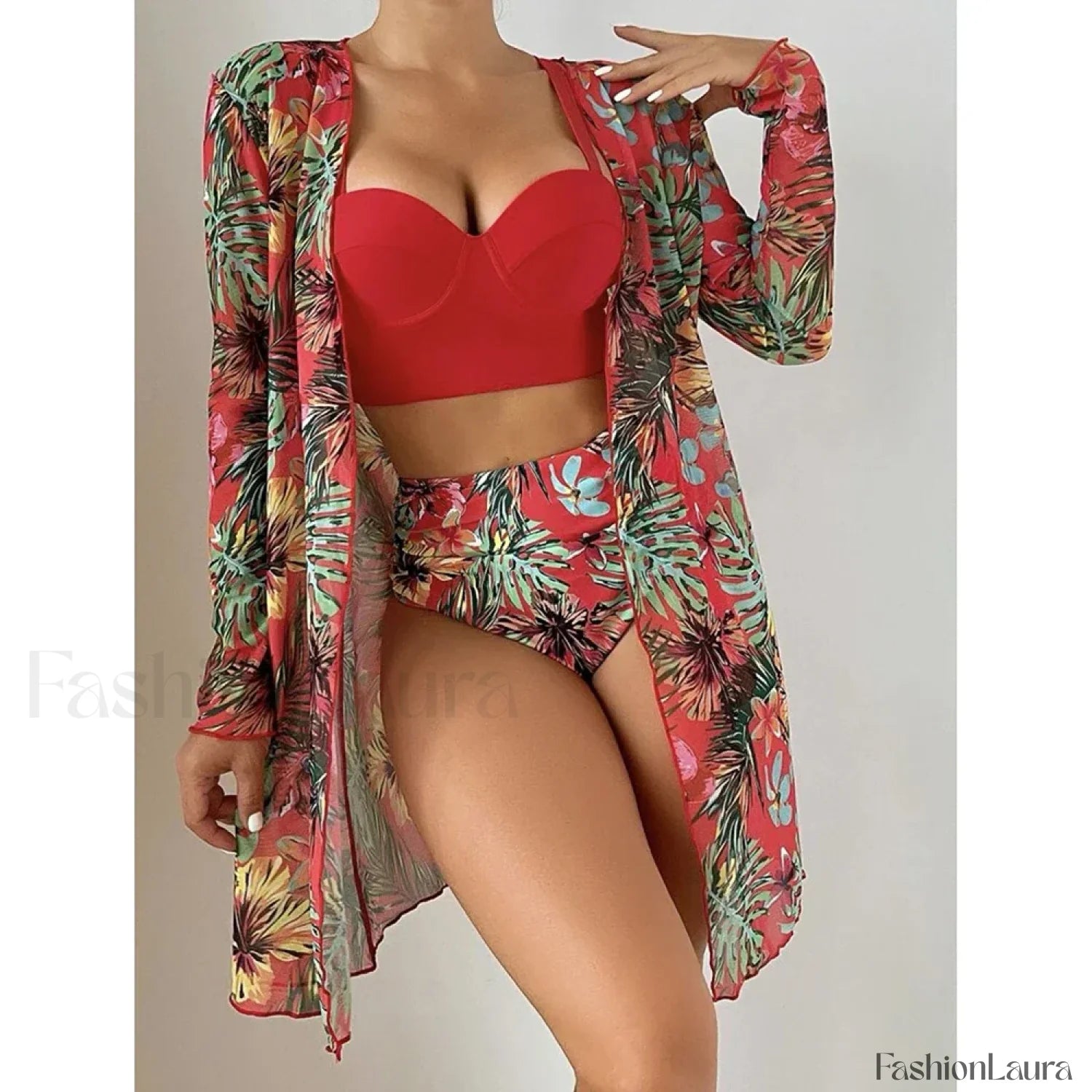 Pink Dot Print Mesh Cover Up RED / S