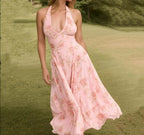 Pink Halter Pleated Floral Dress Pink / S