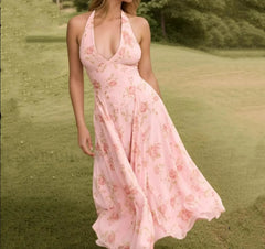 Pink Halter Pleated Floral Dress Pink / S