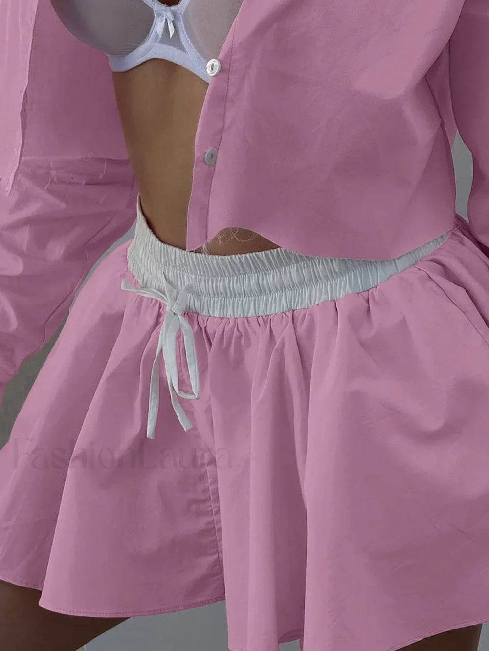 Pink Long Sleeve Crop Nightie Two Piece Set