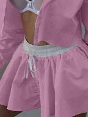 Pink Long Sleeve Crop Nightie Two Piece Set