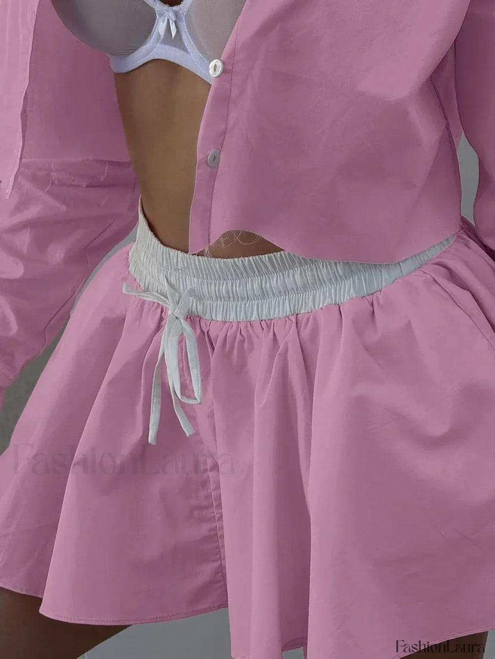 Pink Long Sleeve Crop Nightie Two Piece Set