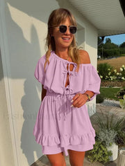 Pink O Neck Lace Skirt Two Piece Set