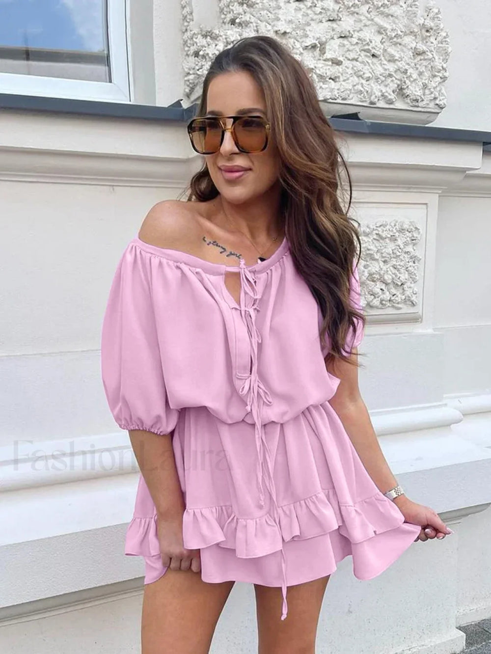 Pink O Neck Lace Skirt Two Piece Set