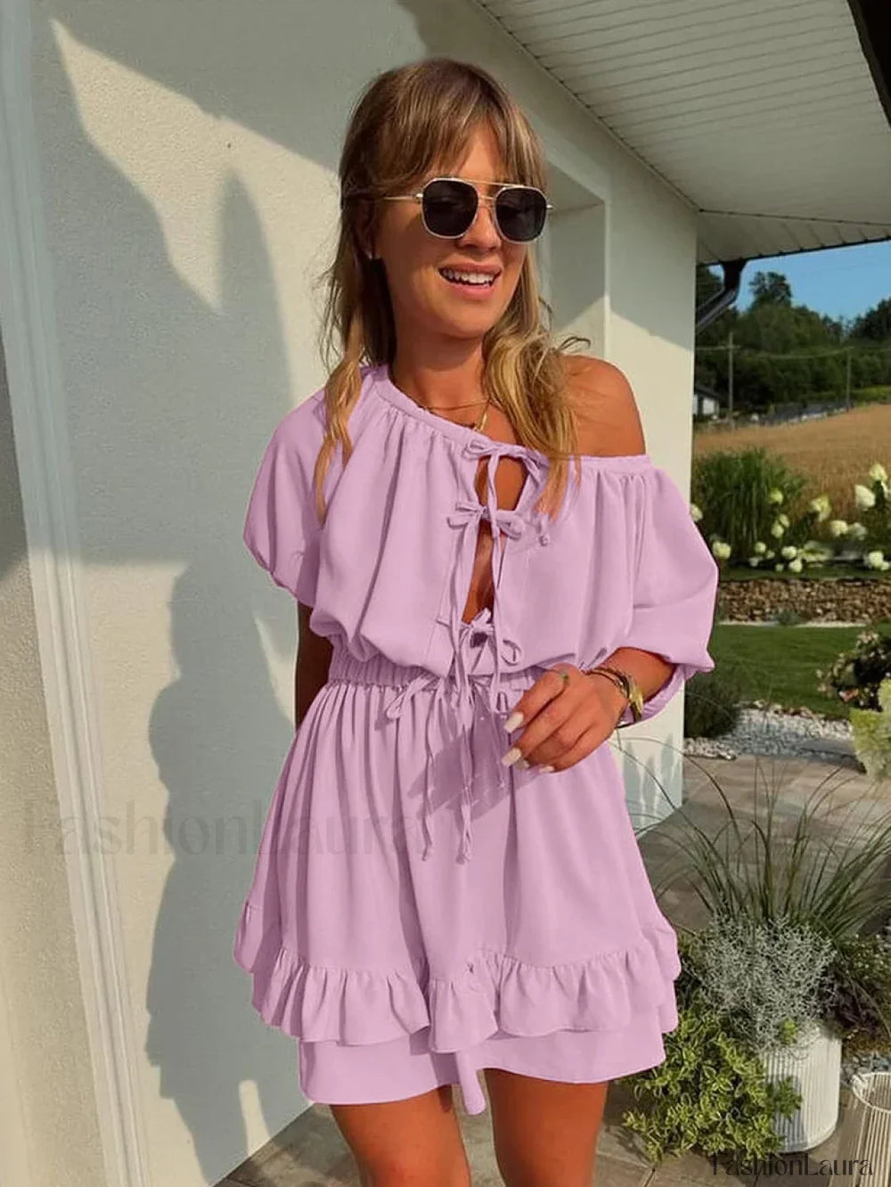 Pink O Neck Lace Skirt Two Piece Set