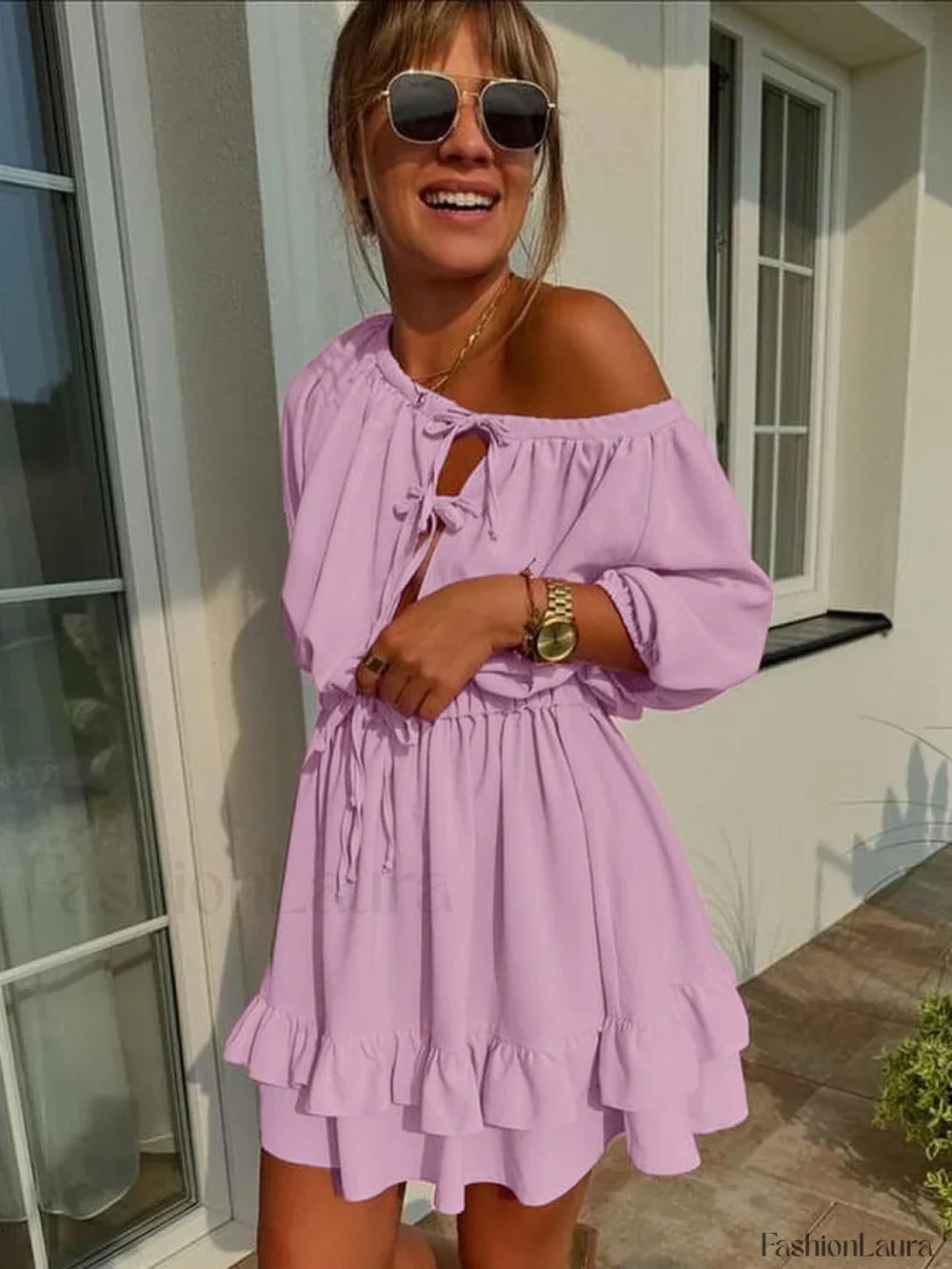 Pink O Neck Lace Skirt Two Piece Set