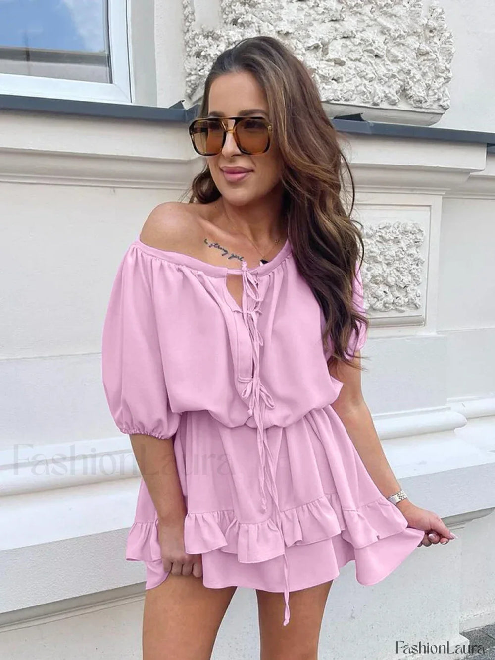 Pink O Neck Lace Skirt Two Piece Set