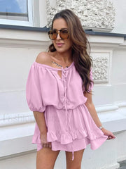 Pink O Neck Lace Skirt Two Piece Set