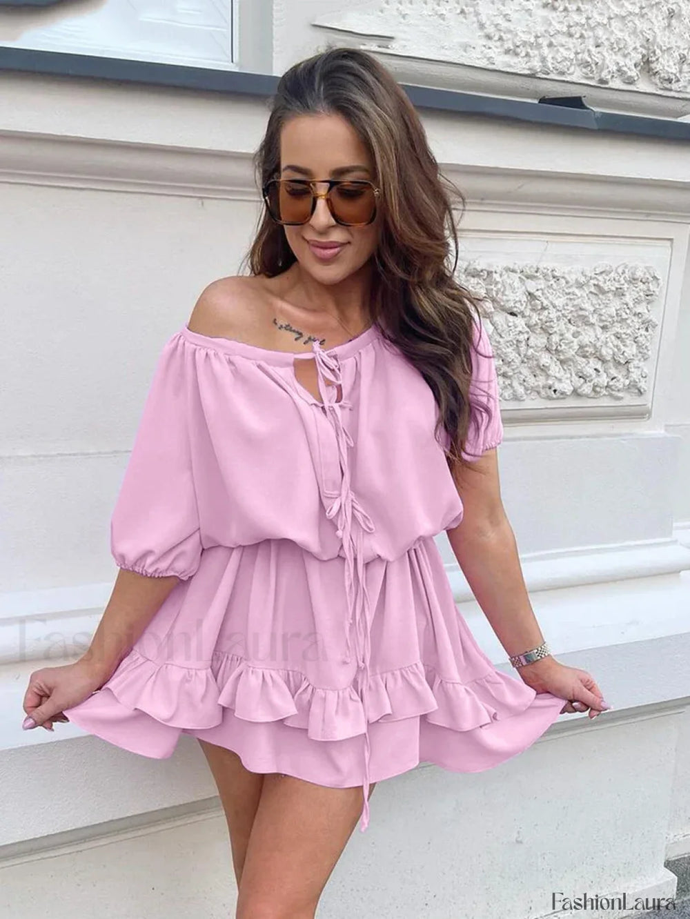 Pink O Neck Lace Skirt Two Piece Set Pink / S