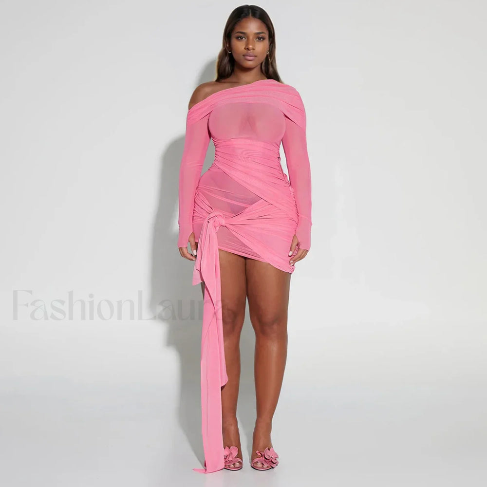 Pink One Shoulder Mesh Mini Dress