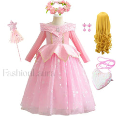 Pink Party Kid Elegant Spring Princess Sleeping Beauty Birthday Autumn Cosplay Aurora Costume 2Y Tag 100 / Dress Sets 01