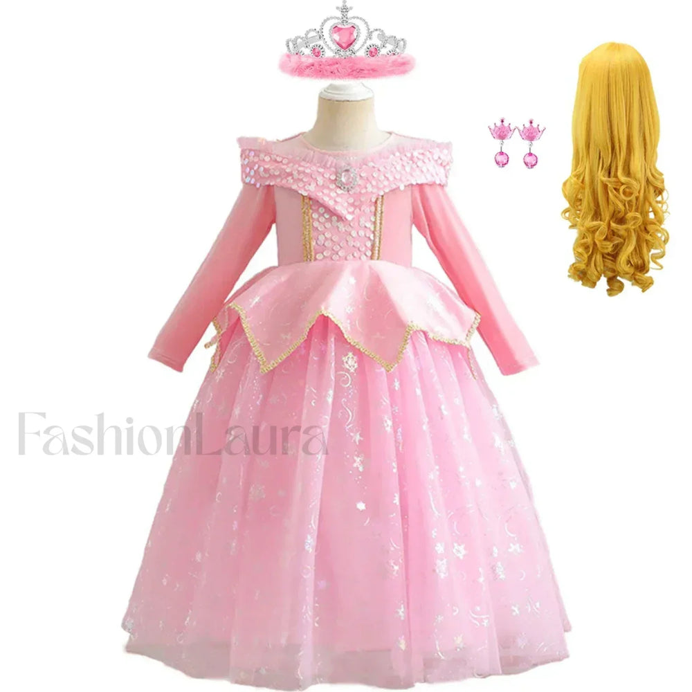 Pink Party Kid Elegant Spring Princess Sleeping Beauty Birthday Autumn Cosplay Aurora Costume 2Y Tag 100 / Dress Sets 02