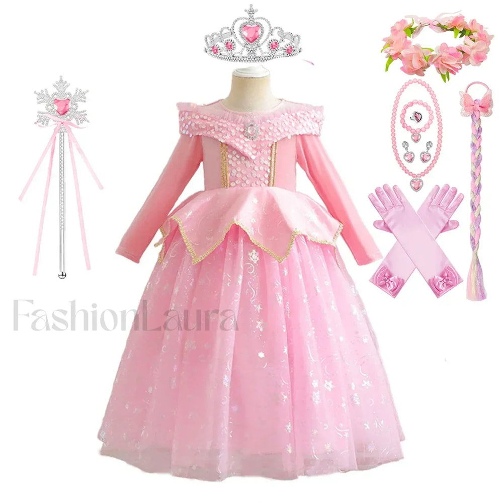Pink Party Kid Elegant Spring Princess Sleeping Beauty Birthday Autumn Cosplay Aurora Costume 2Y Tag 100 / Dress Sets 03