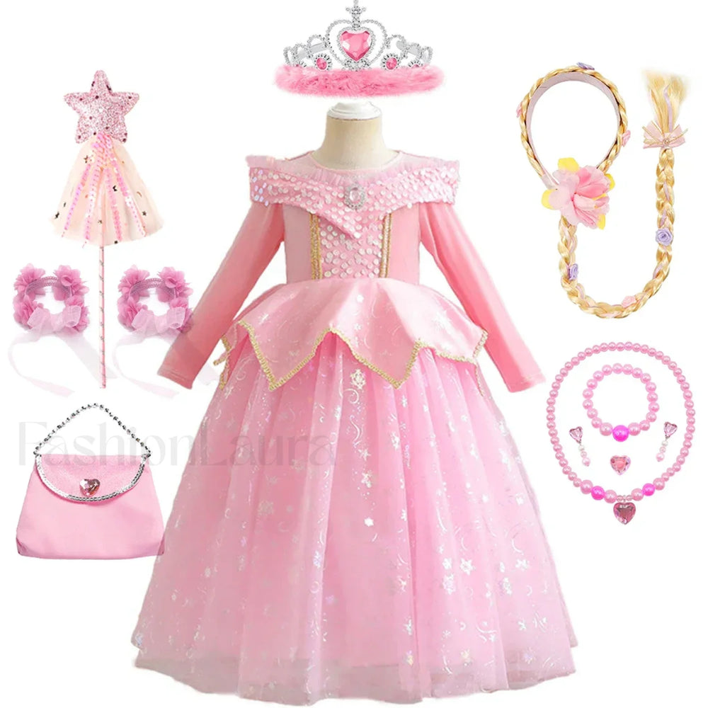 Pink Party Kid Elegant Spring Princess Sleeping Beauty Birthday Autumn Cosplay Aurora Costume 2Y Tag 100 / Dress Sets 05