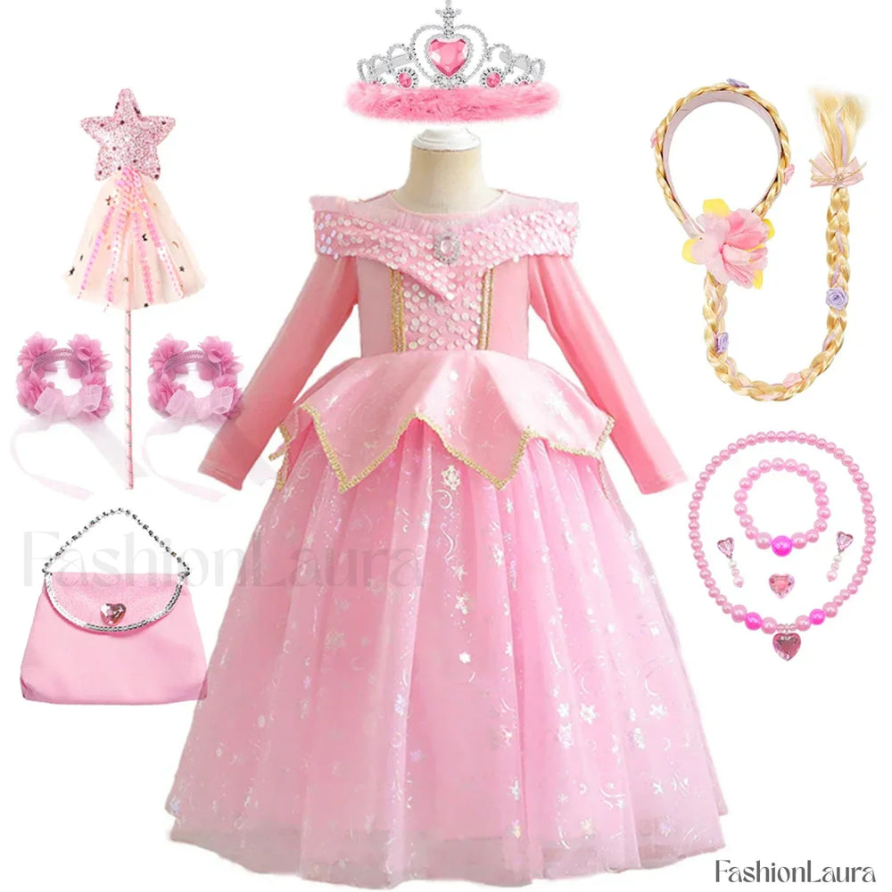Pink Party Kid Elegant Spring Princess Sleeping Beauty Birthday Autumn Cosplay Aurora Costume 2Y Tag 100 / Dress Sets 05