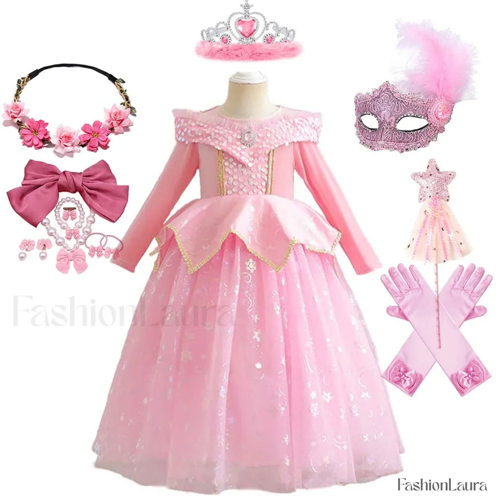 Pink Party Kid Elegant Spring Princess Sleeping Beauty Birthday Autumn Cosplay Aurora Costume 2Y Tag 100 / Dress Sets 06
