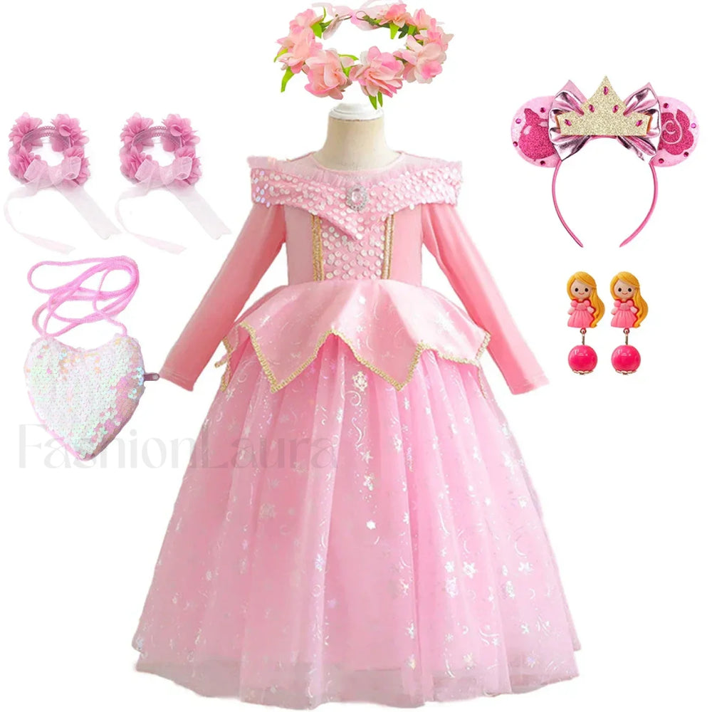 Pink Party Kid Elegant Spring Princess Sleeping Beauty Birthday Autumn Cosplay Aurora Costume 2Y Tag 100 / Dress Sets 07
